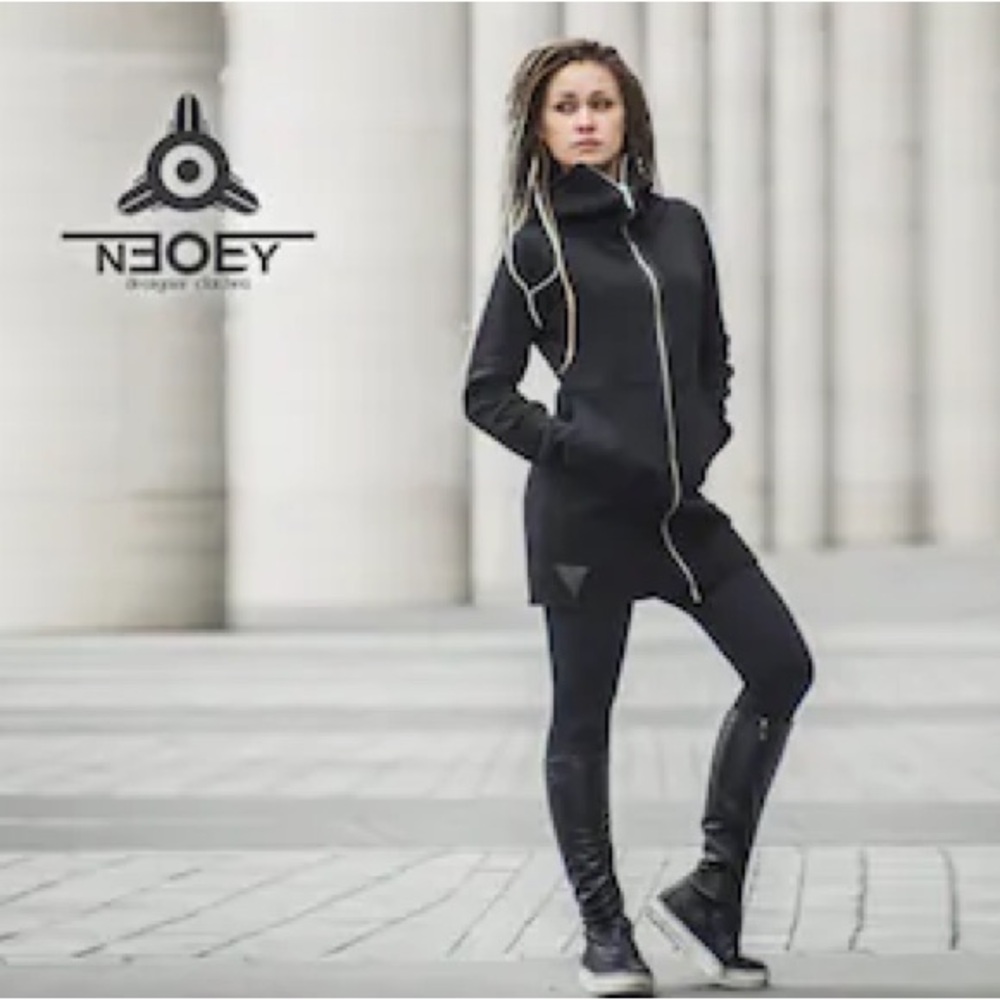 Long Black Funnel Neck Hooded Zip Dress Jacket